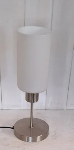 Discount Pamono German Table Lamp with Chrome-Plated Metal Base, White Glass Shade and Touch Sensor from Briloner Leuchten, 2018