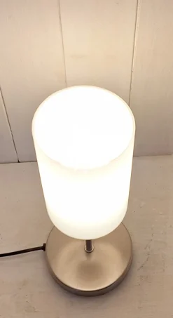 Discount Pamono German Table Lamp with Chrome-Plated Metal Base, White Glass Shade and Touch Sensor from Briloner Leuchten, 2018