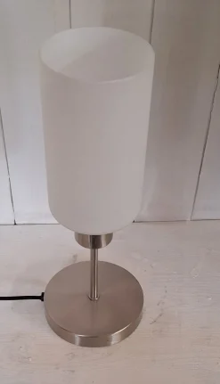 Discount Pamono German Table Lamp with Chrome-Plated Metal Base, White Glass Shade and Touch Sensor from Briloner Leuchten, 2018