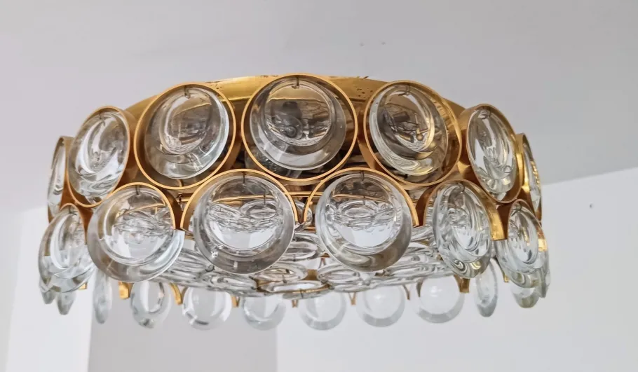 Best Pamono Gilded Brass and Crystal Glass Ceiling Light from Palwa, Germany, 1970s