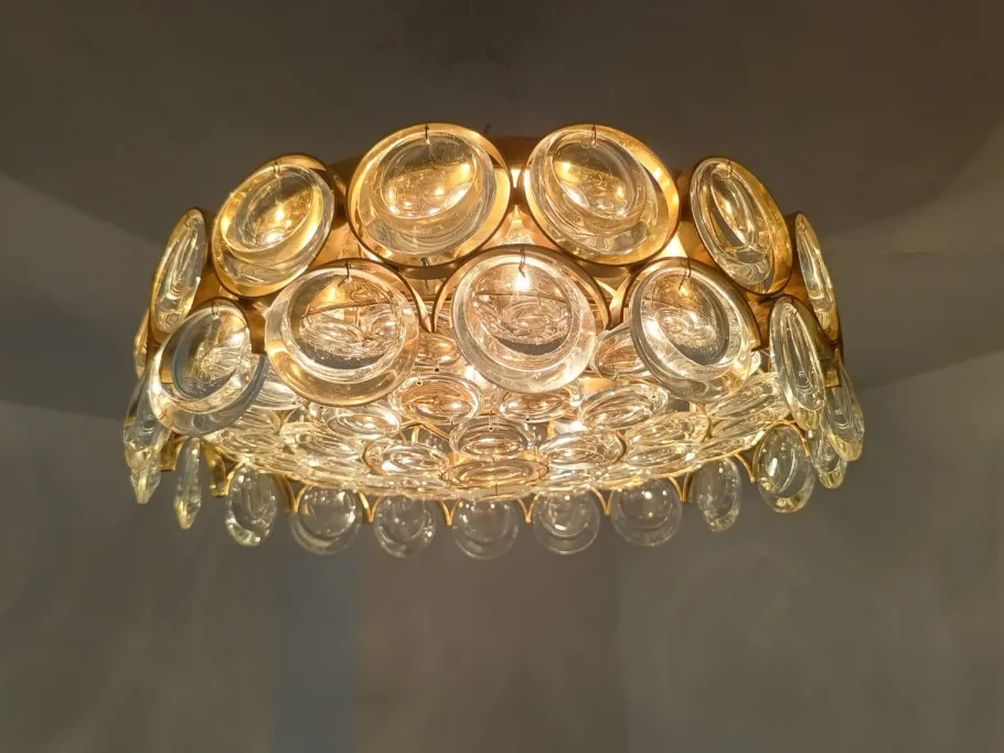 Best Pamono Gilded Brass and Crystal Glass Ceiling Light from Palwa, Germany, 1970s