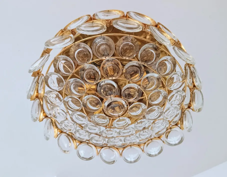 Best Pamono Gilded Brass and Crystal Glass Ceiling Light from Palwa, Germany, 1970s