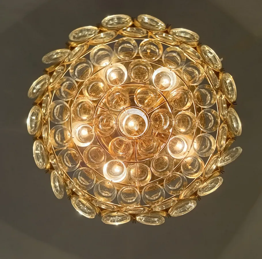 Best Pamono Gilded Brass and Crystal Glass Ceiling Light from Palwa, Germany, 1970s
