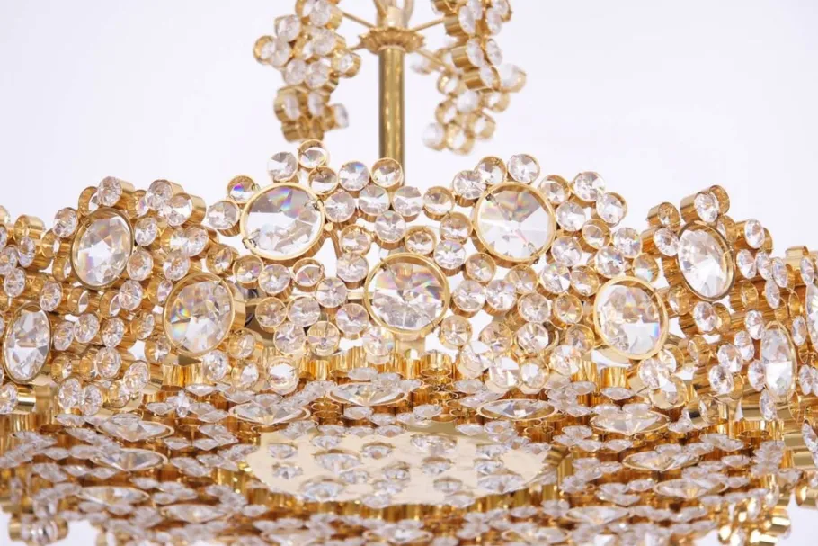 Online Pamono Gilded Brass and Crystal Glass Encrusted Chandelier from Palwa, 1960s