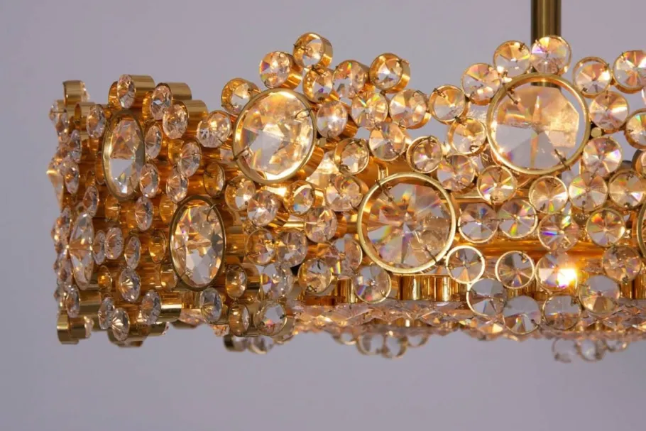Online Pamono Gilded Brass and Crystal Glass Encrusted Chandelier from Palwa, 1960s