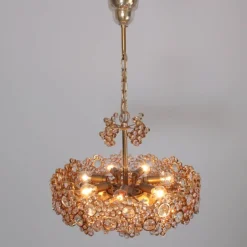 Online Pamono Gilded Brass and Crystal Glass Encrusted Chandelier from Palwa, 1960s