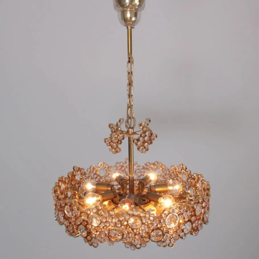 Online Pamono Gilded Brass and Crystal Glass Encrusted Chandelier from Palwa, 1960s