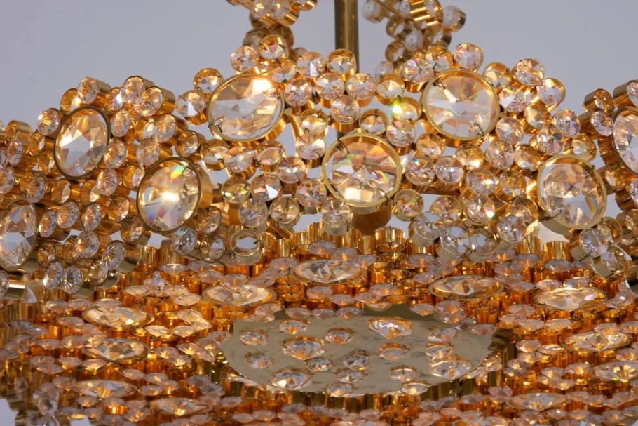 Online Pamono Gilded Brass and Crystal Glass Encrusted Chandelier from Palwa, 1960s