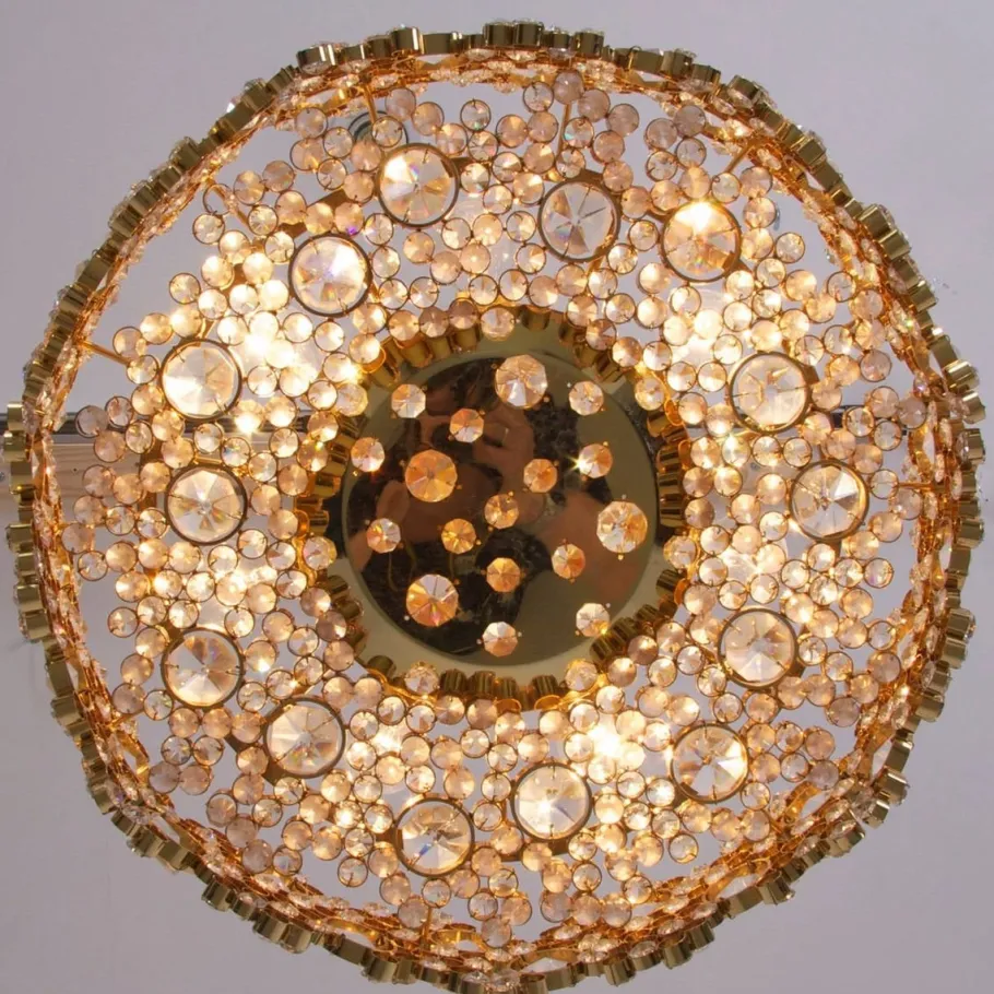 Online Pamono Gilded Brass and Crystal Glass Encrusted Chandelier from Palwa, 1960s