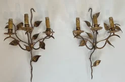 Hot Pamono Gilded Metal Wall Lights with 3 Light Arms and Leaf Decorations, Set of 2