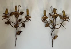 Hot Pamono Gilded Metal Wall Lights with 3 Light Arms and Leaf Decorations, Set of 2