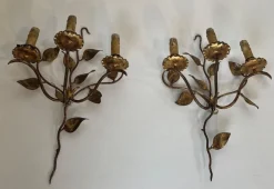 Hot Pamono Gilded Metal Wall Lights with 3 Light Arms and Leaf Decorations, Set of 2