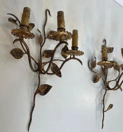 Hot Pamono Gilded Metal Wall Lights with 3 Light Arms and Leaf Decorations, Set of 2