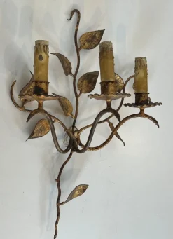 Hot Pamono Gilded Metal Wall Lights with 3 Light Arms and Leaf Decorations, Set of 2
