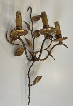 Hot Pamono Gilded Metal Wall Lights with 3 Light Arms and Leaf Decorations, Set of 2