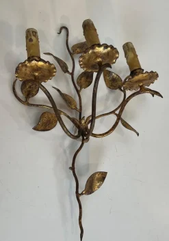 Hot Pamono Gilded Metal Wall Lights with 3 Light Arms and Leaf Decorations, Set of 2