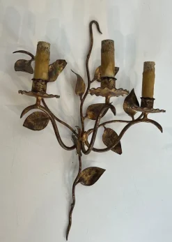 Hot Pamono Gilded Metal Wall Lights with 3 Light Arms and Leaf Decorations, Set of 2