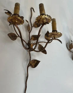 Hot Pamono Gilded Metal Wall Lights with 3 Light Arms and Leaf Decorations, Set of 2