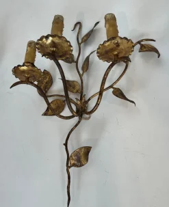 Hot Pamono Gilded Metal Wall Lights with 3 Light Arms and Leaf Decorations, Set of 2