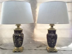 New Pamono Gilt Bronze & Earthenware Living Room Table Lamps, 19th Century, Set of 2