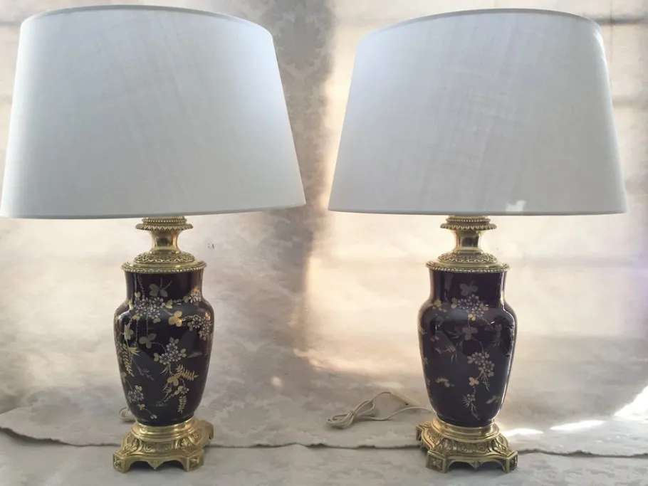 New Pamono Gilt Bronze & Earthenware Living Room Table Lamps, 19th Century, Set of 2