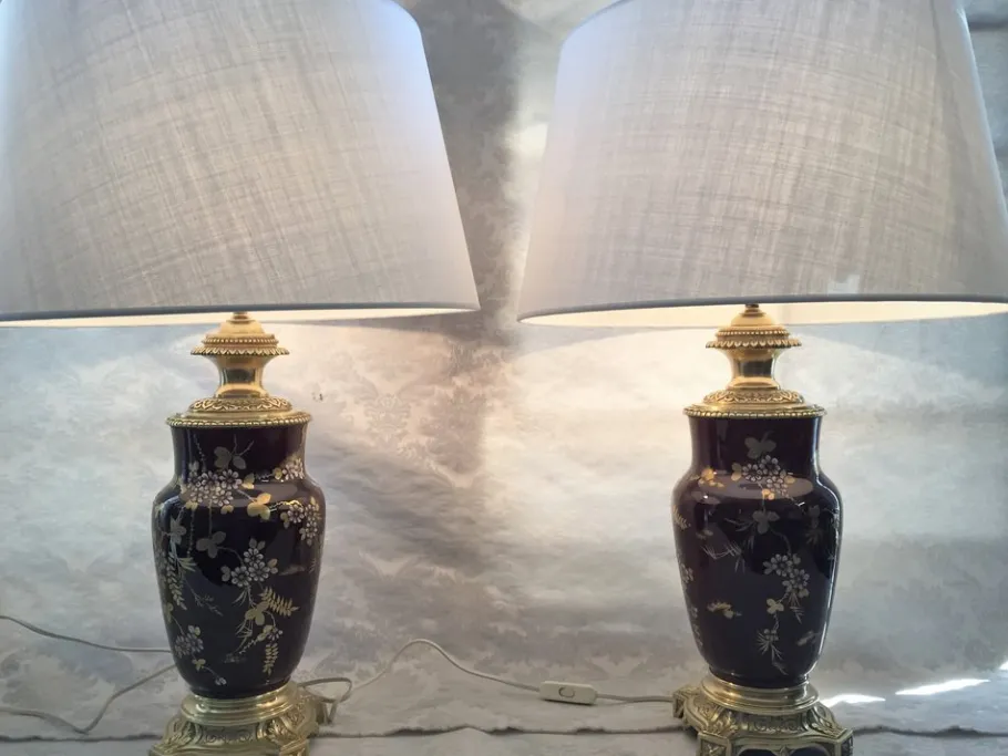 New Pamono Gilt Bronze & Earthenware Living Room Table Lamps, 19th Century, Set of 2