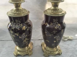 New Pamono Gilt Bronze & Earthenware Living Room Table Lamps, 19th Century, Set of 2