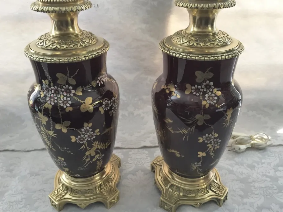 New Pamono Gilt Bronze & Earthenware Living Room Table Lamps, 19th Century, Set of 2
