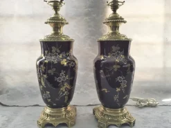 New Pamono Gilt Bronze & Earthenware Living Room Table Lamps, 19th Century, Set of 2