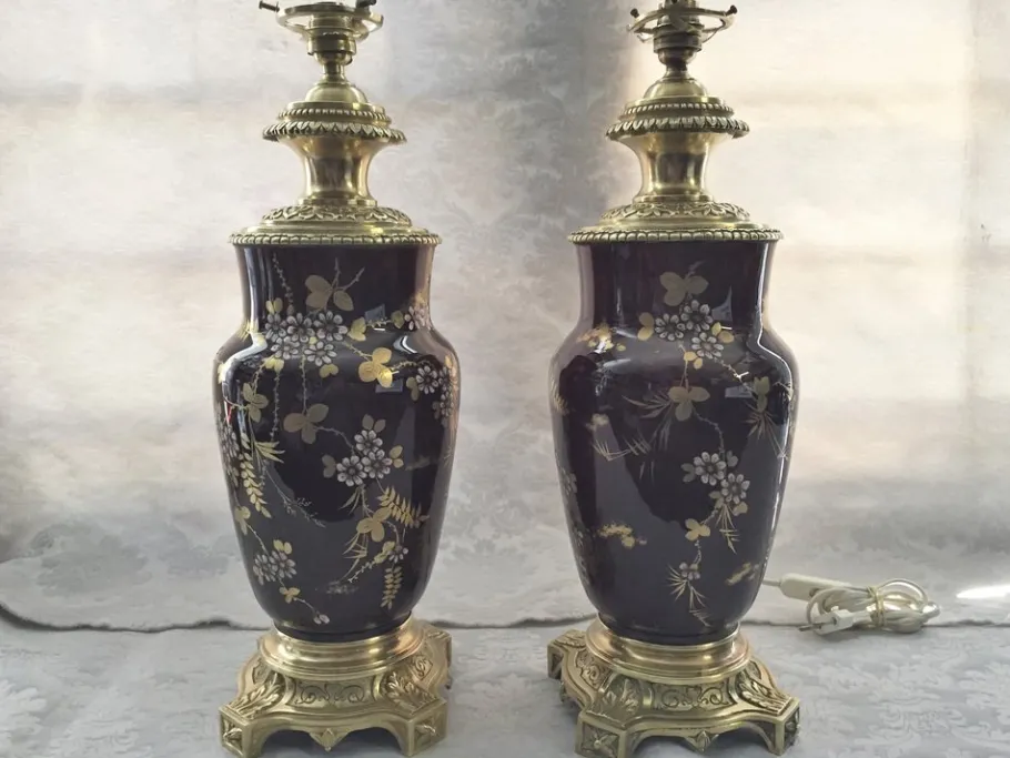 New Pamono Gilt Bronze & Earthenware Living Room Table Lamps, 19th Century, Set of 2
