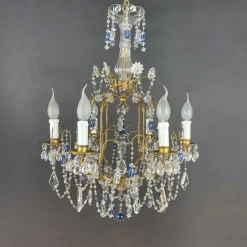 Best Pamono Gilt Iron Chandelier with Light Blue Crystals, 1950s