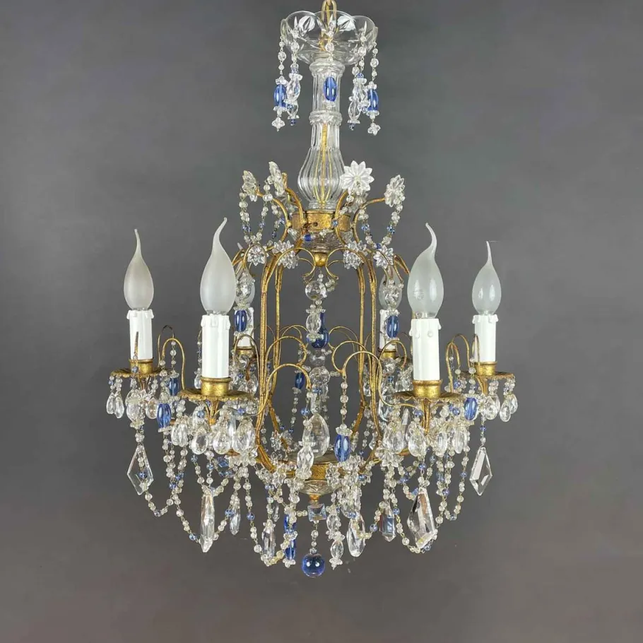 Best Pamono Gilt Iron Chandelier with Light Blue Crystals, 1950s