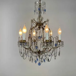 Best Pamono Gilt Iron Chandelier with Light Blue Crystals, 1950s