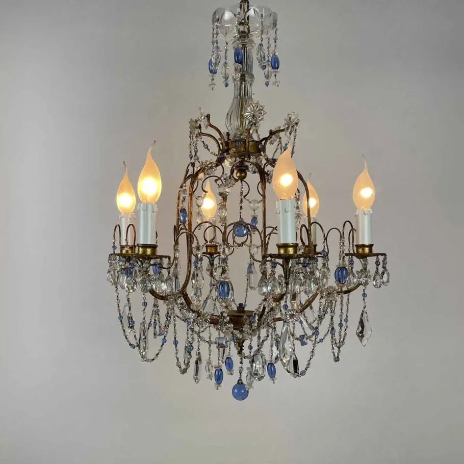 Best Pamono Gilt Iron Chandelier with Light Blue Crystals, 1950s