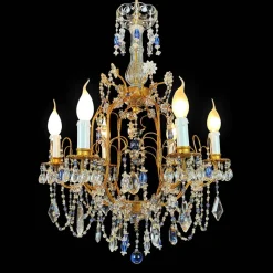 Best Pamono Gilt Iron Chandelier with Light Blue Crystals, 1950s