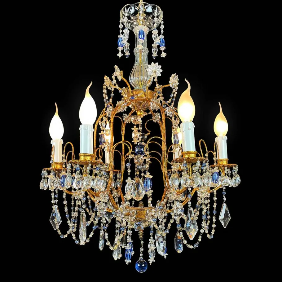 Best Pamono Gilt Iron Chandelier with Light Blue Crystals, 1950s