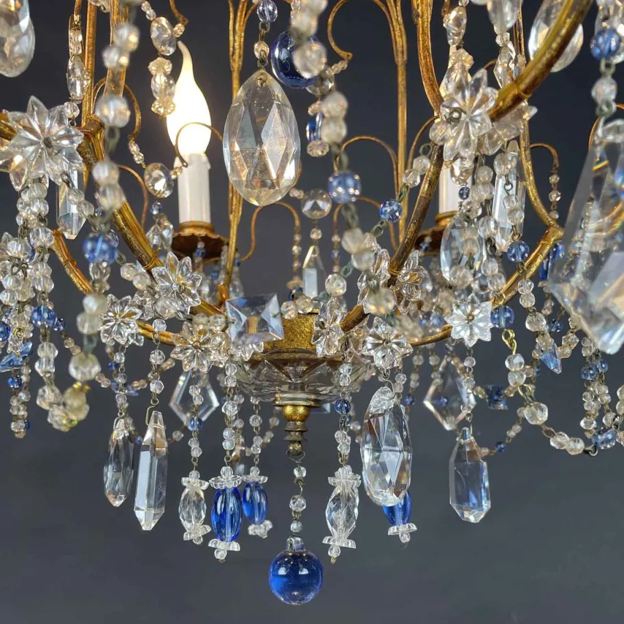 Best Pamono Gilt Iron Chandelier with Light Blue Crystals, 1950s
