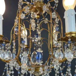 Best Pamono Gilt Iron Chandelier with Light Blue Crystals, 1950s