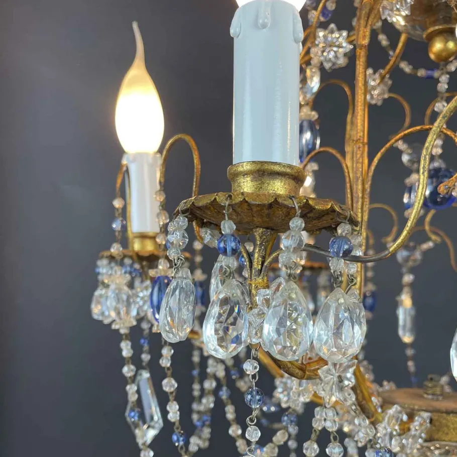 Best Pamono Gilt Iron Chandelier with Light Blue Crystals, 1950s