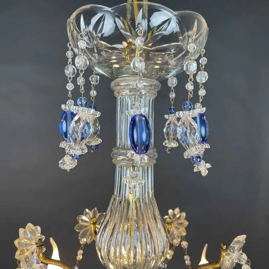 Best Pamono Gilt Iron Chandelier with Light Blue Crystals, 1950s