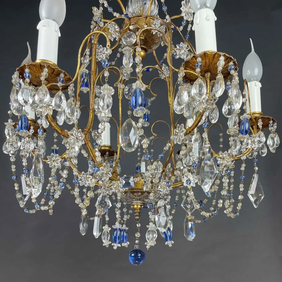 Best Pamono Gilt Iron Chandelier with Light Blue Crystals, 1950s