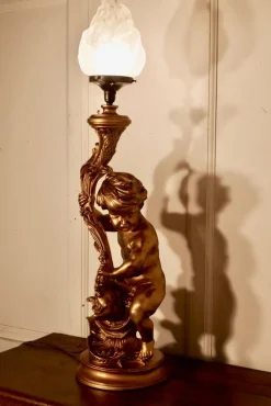 Outlet Pamono Gilt Table Lamp in the Form of a Cherub, 1970s