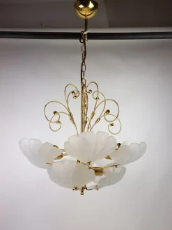 Clearance Pamono Glass Shell and Brass Chandelier attributed to Deknudt, 1970s