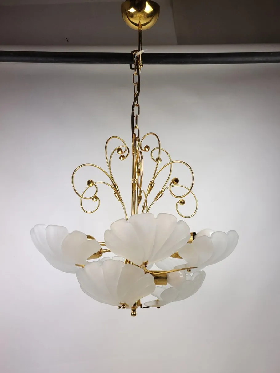 Clearance Pamono Glass Shell and Brass Chandelier attributed to Deknudt, 1970s
