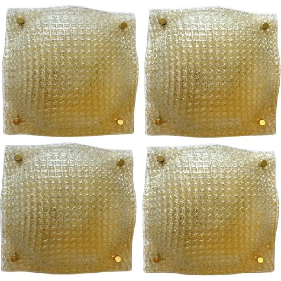 New Pamono Golden Murano Glass Ceiling Lights, 1980s, Set of 4