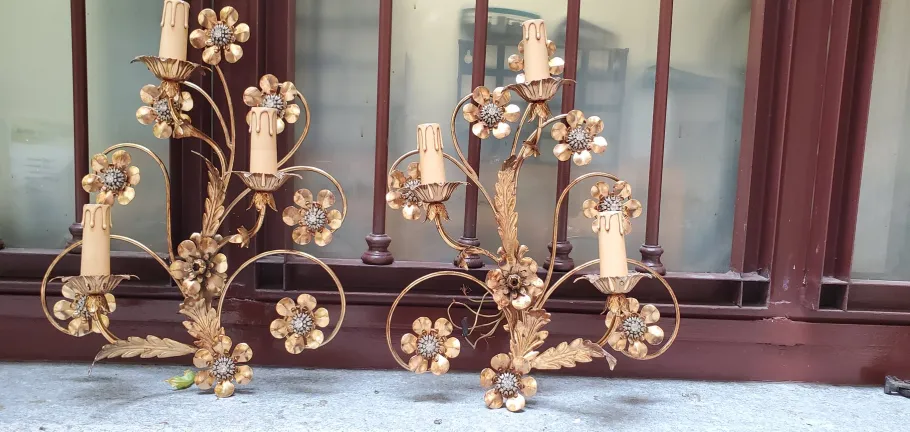 Clearance Pamono Golden Wrought Iron Wall Lamps, 1980s, Set of 2