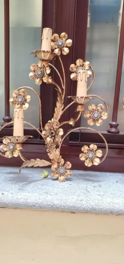 Clearance Pamono Golden Wrought Iron Wall Lamps, 1980s, Set of 2