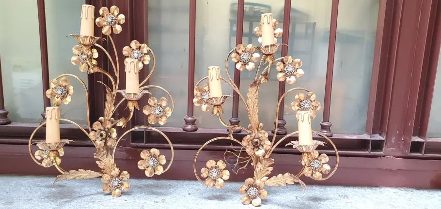 Clearance Pamono Golden Wrought Iron Wall Lamps, 1980s, Set of 2