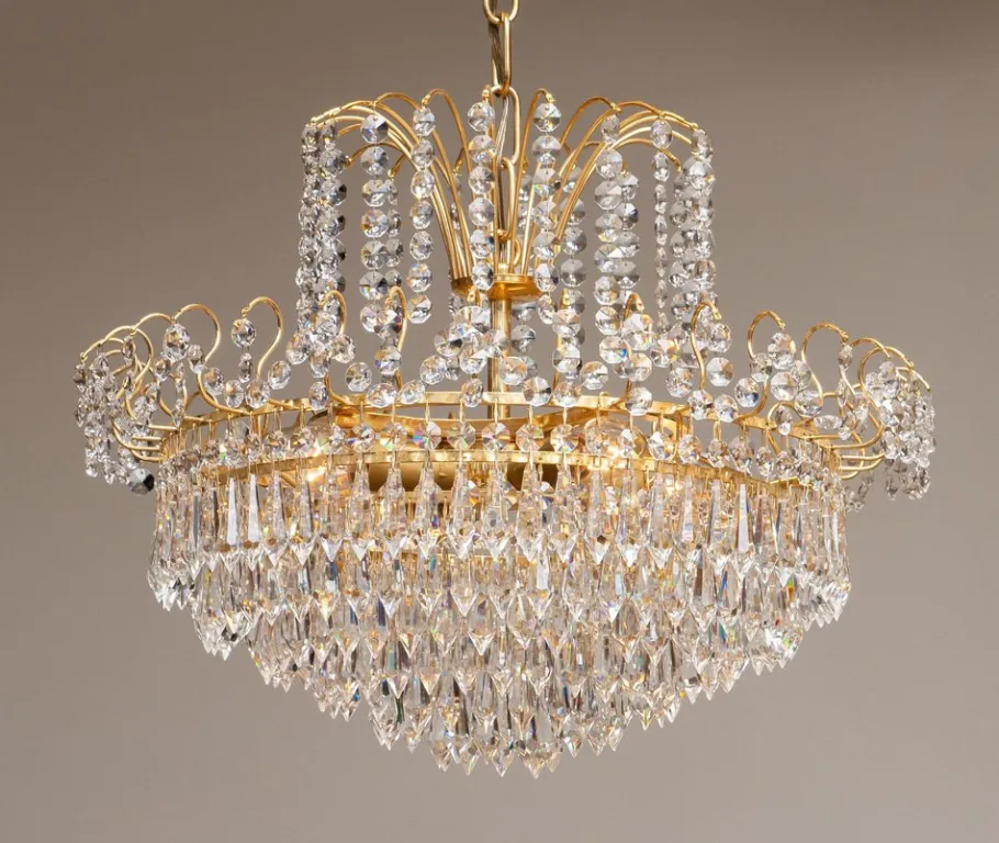 Discount Pamono Gold-Plated and Faceted Crystal Chandelier from Rejmyre, Sweden, 1970s