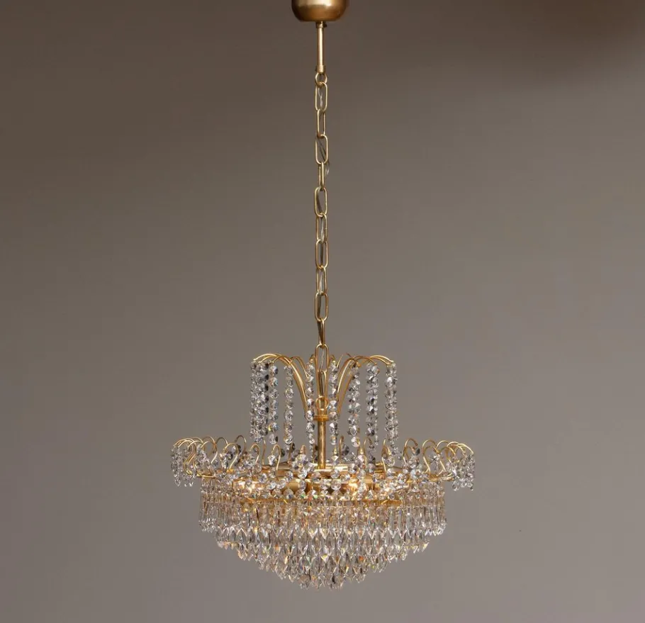 Discount Pamono Gold-Plated and Faceted Crystal Chandelier from Rejmyre, Sweden, 1970s